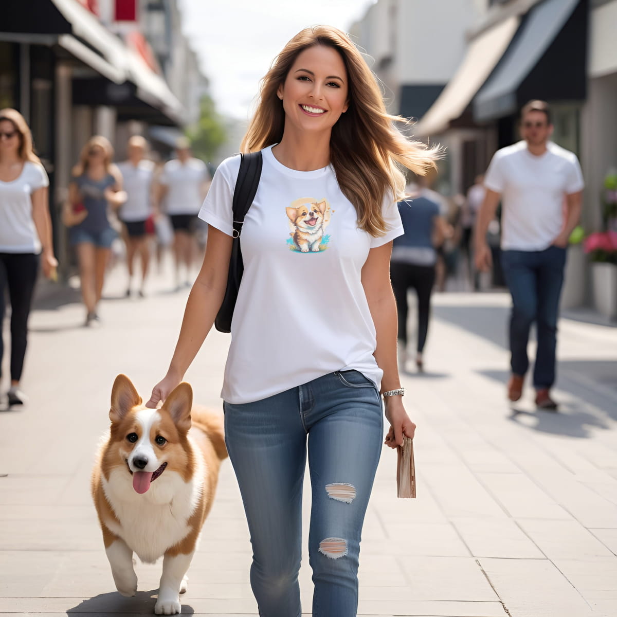 Women walking at a pedestrian street, with a dog. she is wearing a white crew neck short sleeved t-shirt, an adorable, happy Welsh Corgi puppy at the heart of a whimsical world of flowers and hearts.