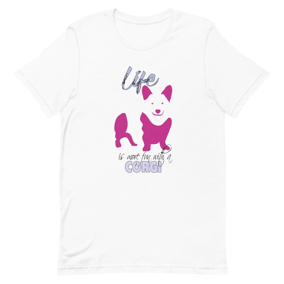 White crew neck short sleeved t-shirt. Featuring an adorable pink Corgi silhouette and the quote saying "Life is more fun with a Corgi"