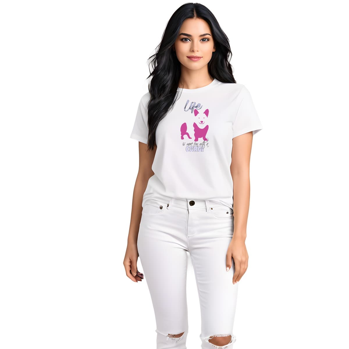 White crew neck short sleeved t-shirt. Featuring an adorable pink Corgi silhouette and the quote saying "Life is more fun with a Corgi". Female model shown in close-up to highlight print and fit