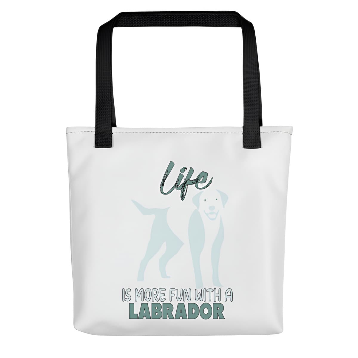 Uni-size 15"x15" white tote polyester canvas bag, with black stripped handle, feature a black one-line Labrador print with life quote ”life is more fun with a Labrador”. Printed front and back.