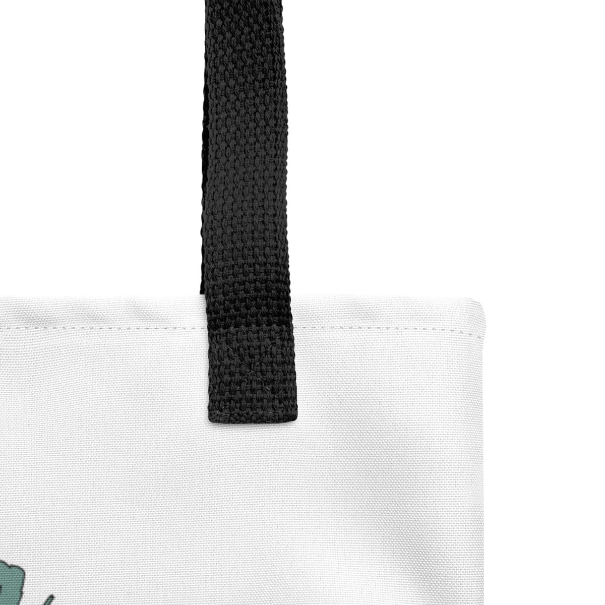 close up of seams and stitch of a Uni-size 15"x15" white tote polyester canvas bag, with black stripped handle, feature a black one-line Labrador print with life quote ”life is more fun with a Labrador”. Printed front and back.