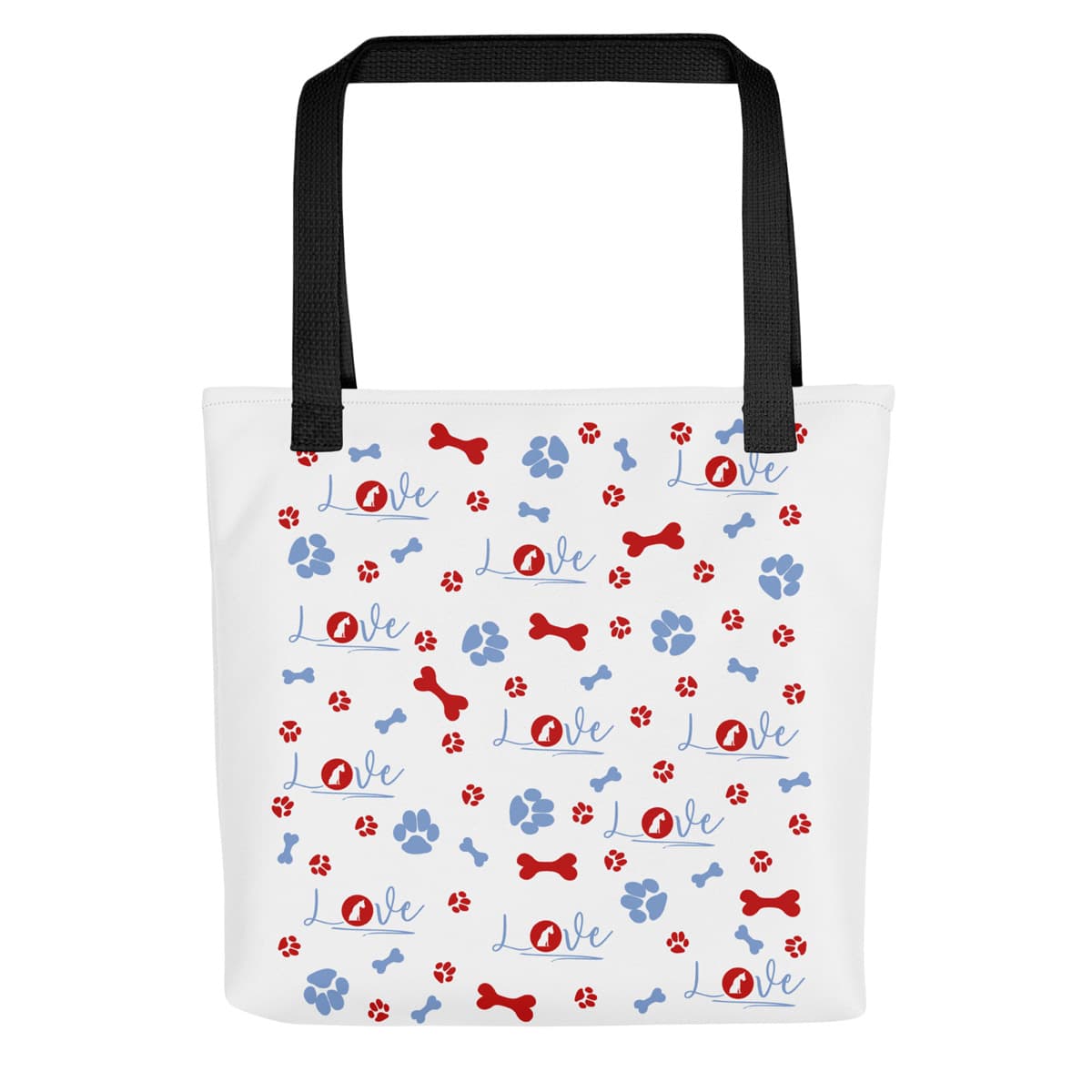 Uni-size 15"x15" white tote polyester canvas bag, with black stripped handle, feature a striking black handle striping and an eye-catching graphic of playful dog bones, paws, and the word "love," with a sitting dog as the logo. Feature the front, showing fit and size.