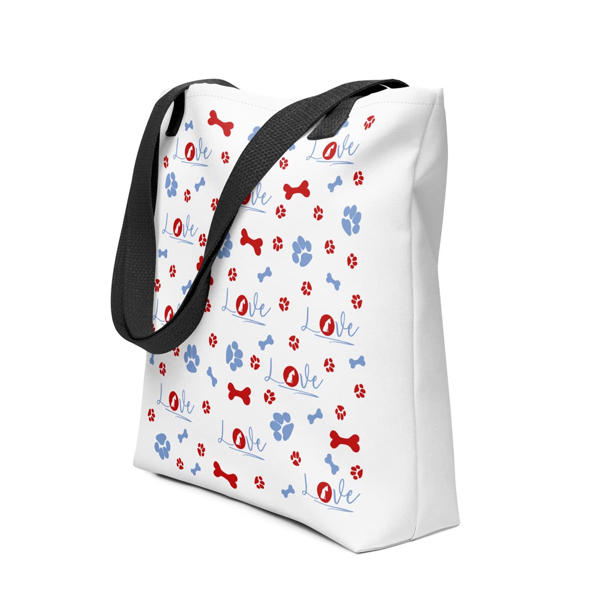 Uni-size 15"x15" white tote polyester canvas bag, with black stripped handle, feature a striking black handle striping and an eye-catching graphic of playful dog bones, paws, and the word "love," with a sitting dog as the logo.