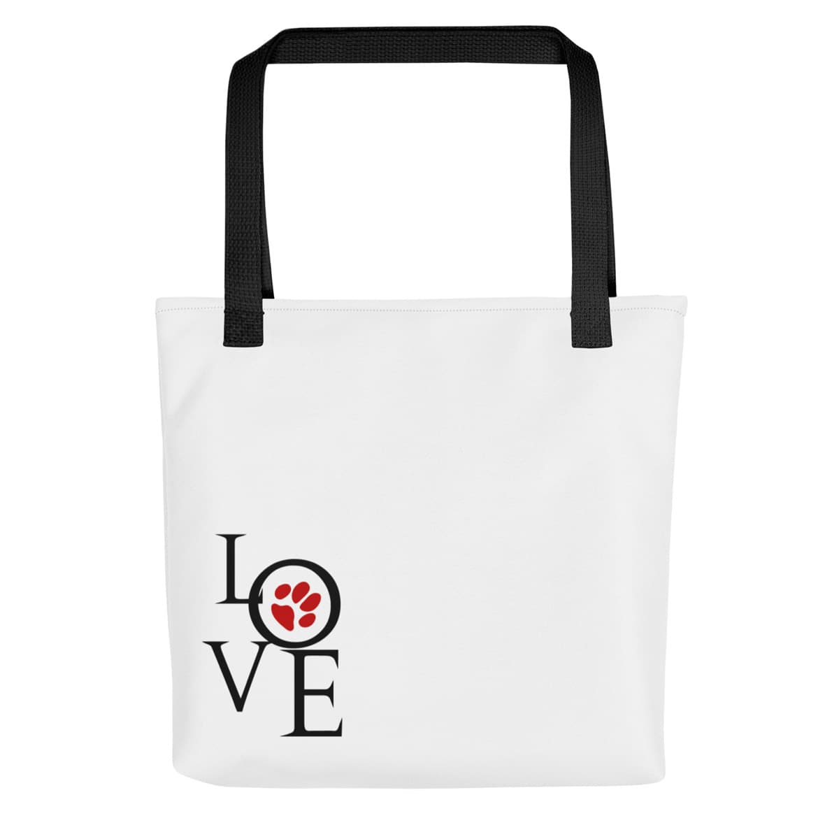 Back side of a Uni-size 15"x15" white tote polyester canvas bag, with black stripped handle, featuring an artistry graphic ”LOVE” with a cute red dog paw in the letter ”o”.