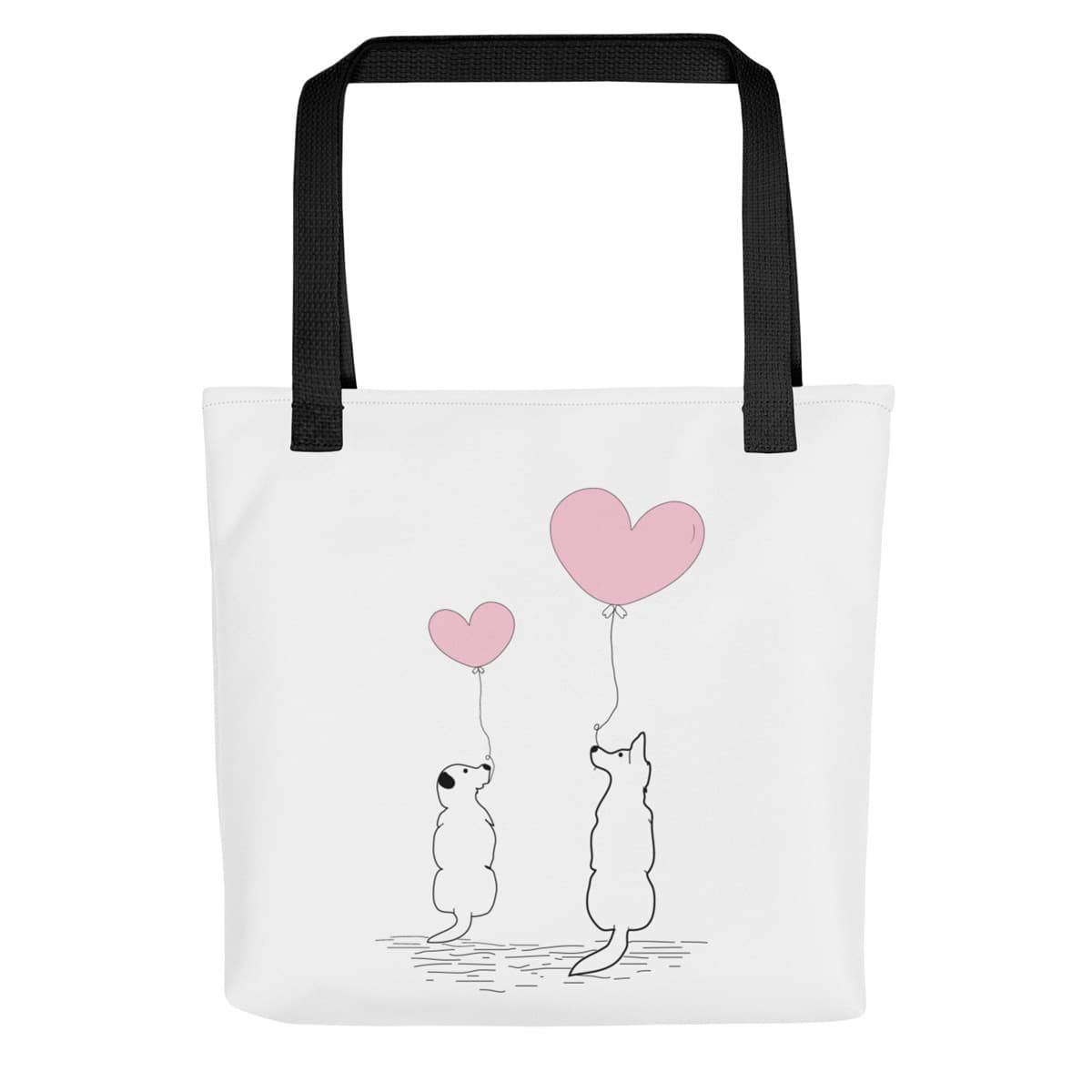 Front side of a Uni-size 15"x15" white tote polyester canvas bag, with black stripped handle, featuring a charming graphic of two adorable dogs sitting together and holding onto pink balloons.