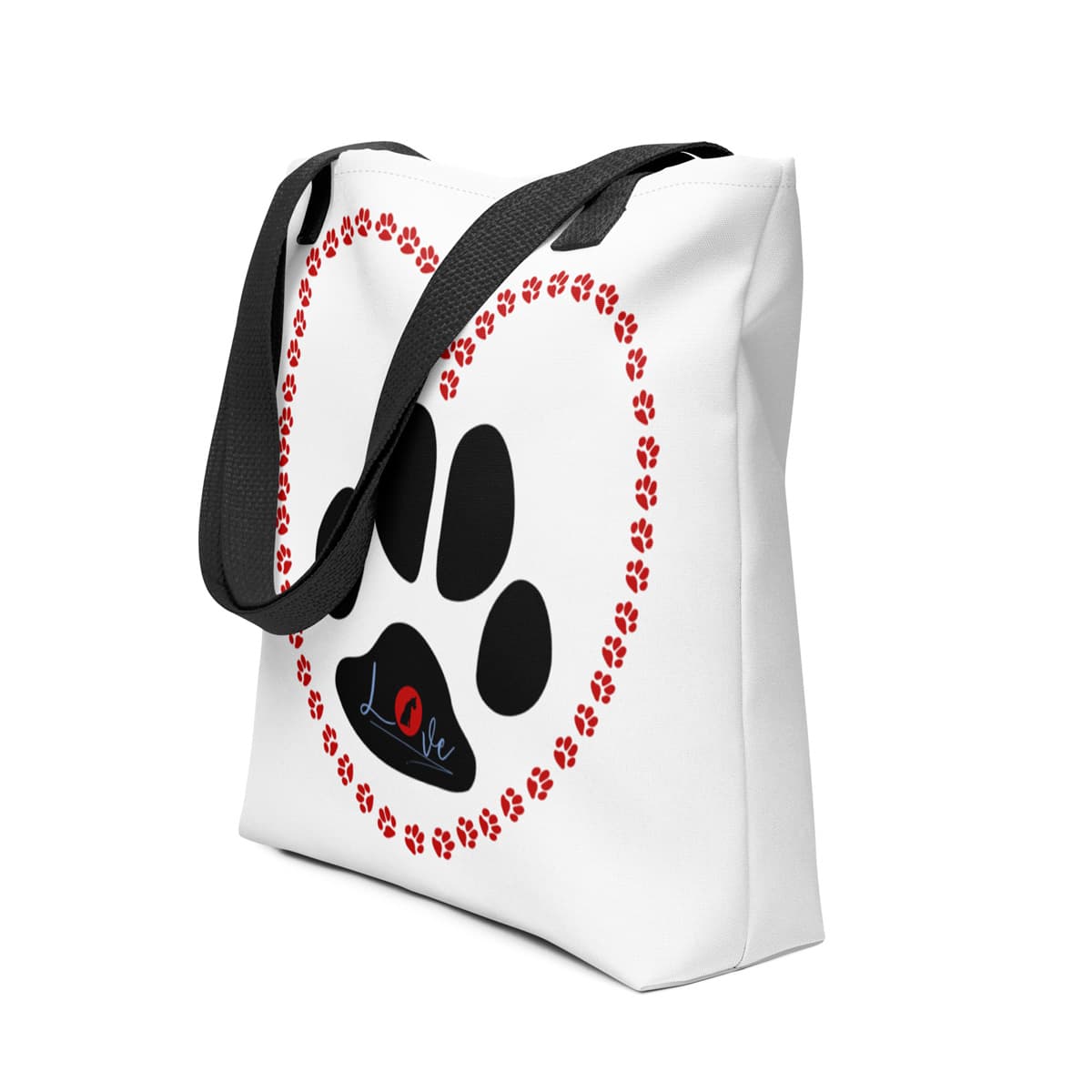 Uni-size 15"x15" white tote polyester canvas bag, with black stripped handle, feature a black one-line large paw print, underlay by bold LOVE with a cute silhouette dog in the ”o” in red color. Spacious, stylish, perfect for dog lovers, errands, and gifting.
