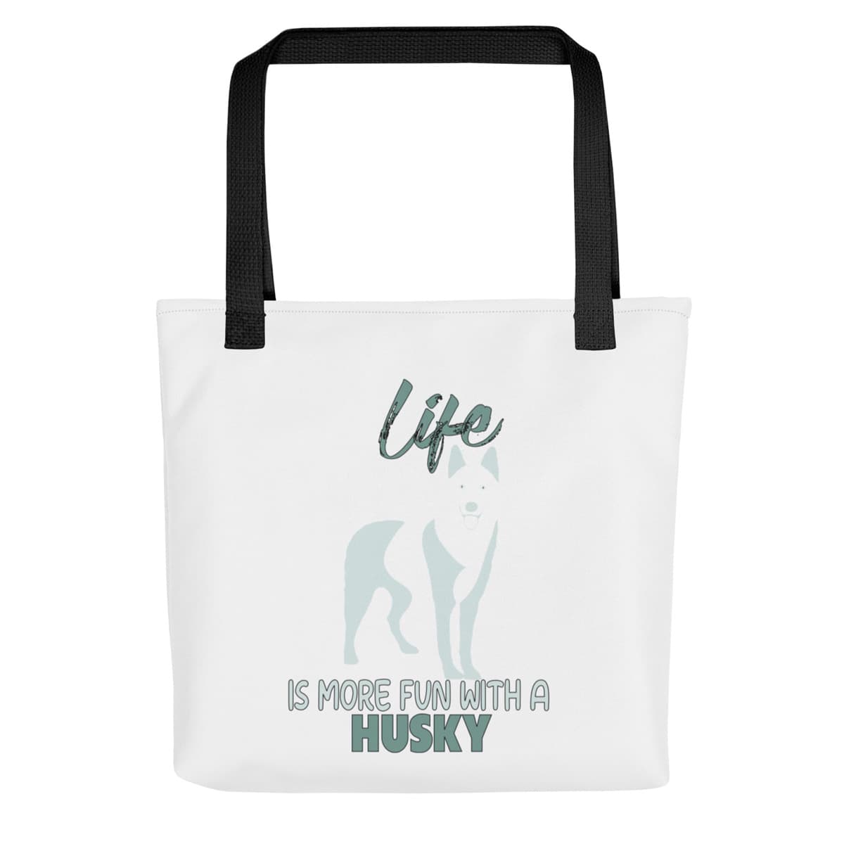 Uni-size 15"x15" white tote polyester canvas bag, with black stripped handle, feature a black one-line Siberian Husky print with life quote ”life is more fun with a husky”. Printed front and back.
