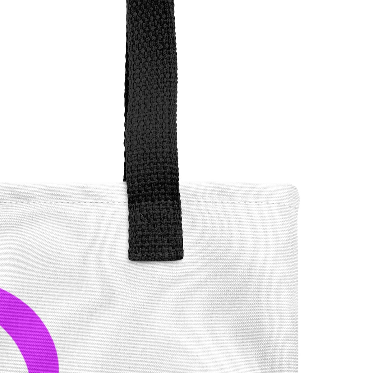 Close up of seams and stitch of a White spun canvas fabric tote bag, with black handle stripped, on the tote is cute graphic pink shaped heart with a paw on the side, underneath the heart is the tilted text "pawfect" in color purple
