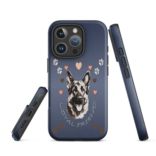 Phone case with a German Shepherd illustration and 'loyal friend' text on a blue background