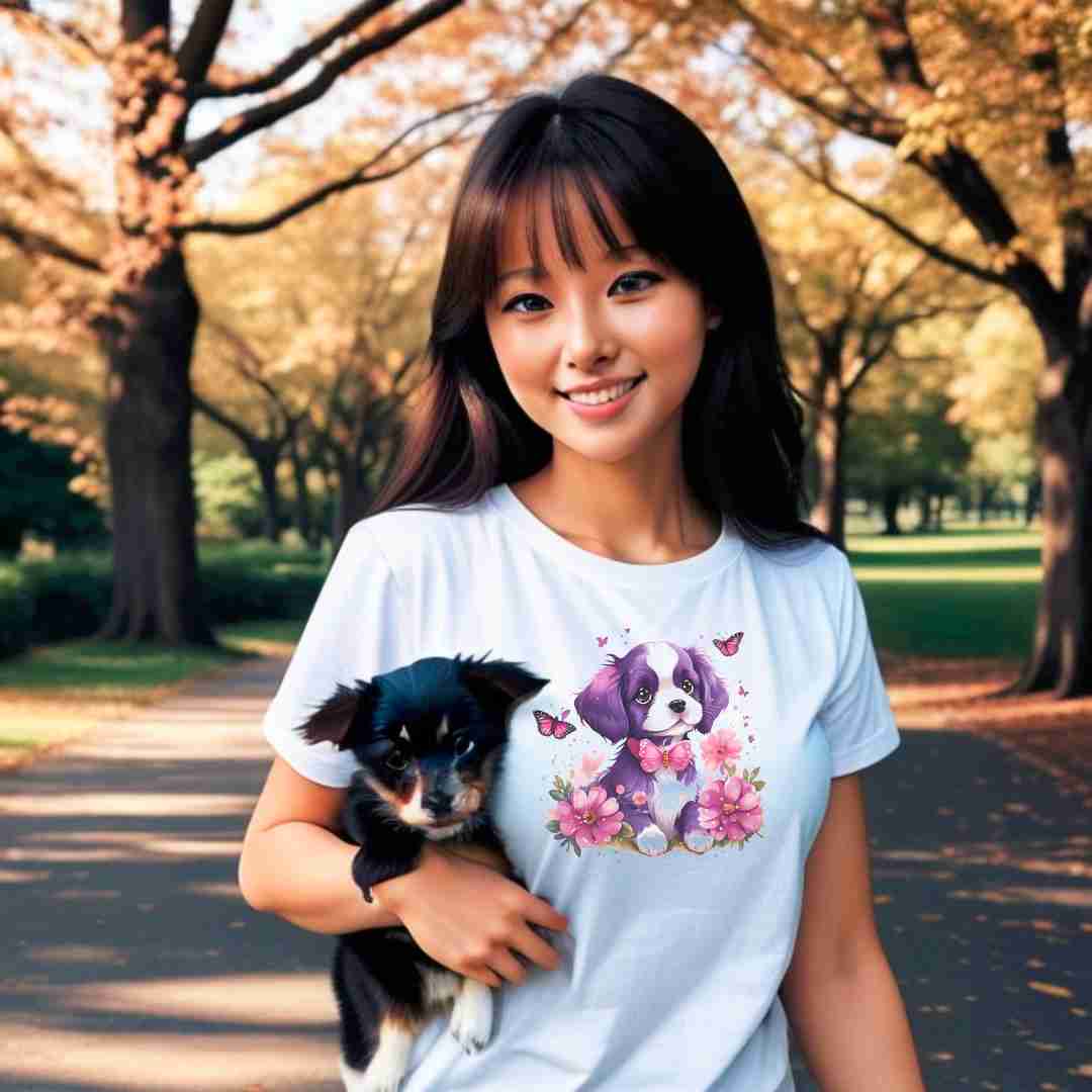 A detailed illustration a print of Lively cute puppy and dog paws,white background, fantasy heart splash, rounded circle, vintage short sleeve crew neck t-shirt design, dark read and Dark Purples and pink colors,on a white background, in the style of Studio Ghibli, cute and quirky, fantasy art, watercolor effect, hand-drawn, digital painting