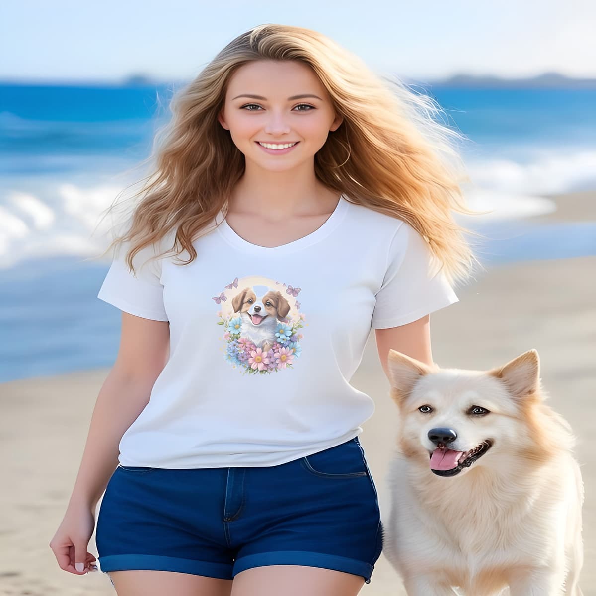 Women walking at a beach, with a dog. She is wearing a white crew neck short sleeved t-shirt, feature a happy Spaniel puppy, nestle in vibrant colorful floral canine charm.