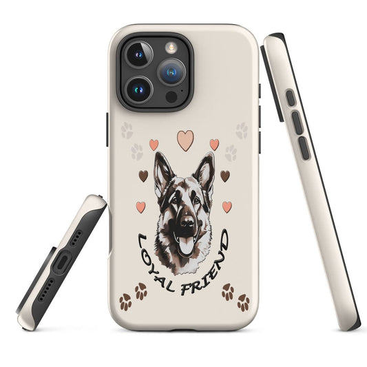 iPhone cover case with a German Shepherd illustration and 'loyal Friend' text on a beige background with hearts and paws