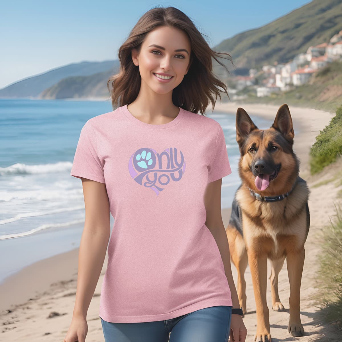 Woman walking on a beach, with a dog. She is wearing a pink unisex short sleeve crew neck t-shirt, featuring a bold ‘Only You’ text with a purple graphic, pink heart, and turquoise paw print. Soft cotton, cozy fit, stylish apparel for dog moms, pet lovers, and everyday casual wear.