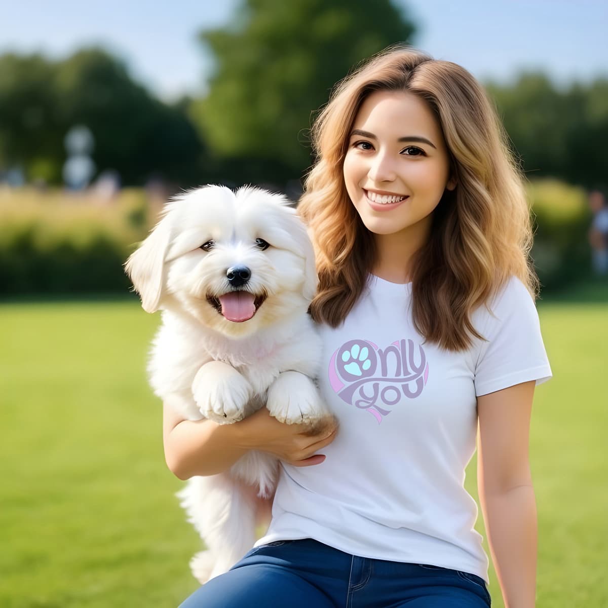 women holding a cute dog, she is wearing a white unisex short sleeve crew neck t-shirt, featuring a bold ‘Only You’ text with a purple graphic, pink heart, and turquoise paw print. Soft cotton, cozy fit, stylish apparel for dog moms, pet lovers, and everyday casual wear.