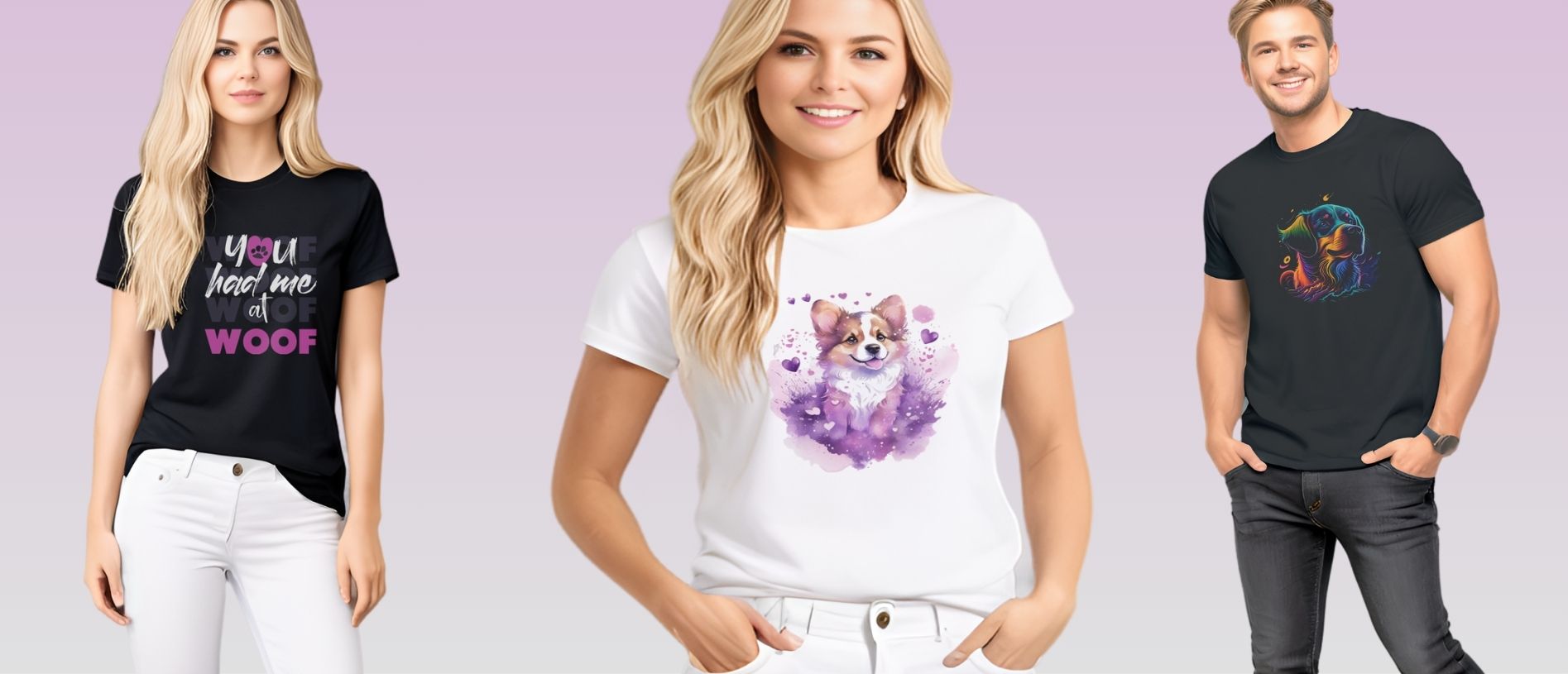 Three people wearing white and black short sleeve crew neck t-shirts with hand drawn dog themed designs on a light purple background