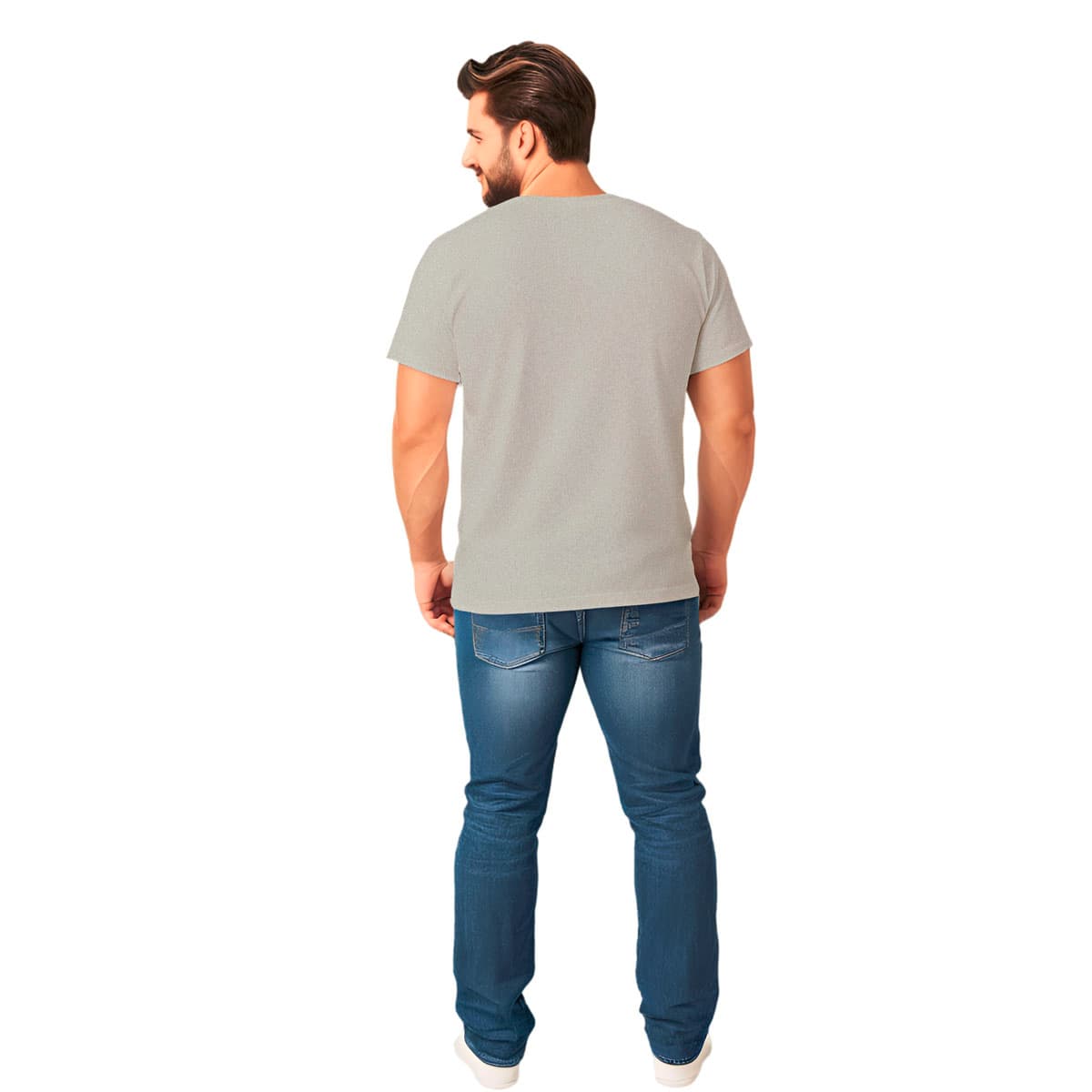 Male model showns back side of a gray, crew neck short sleeved t-shirt