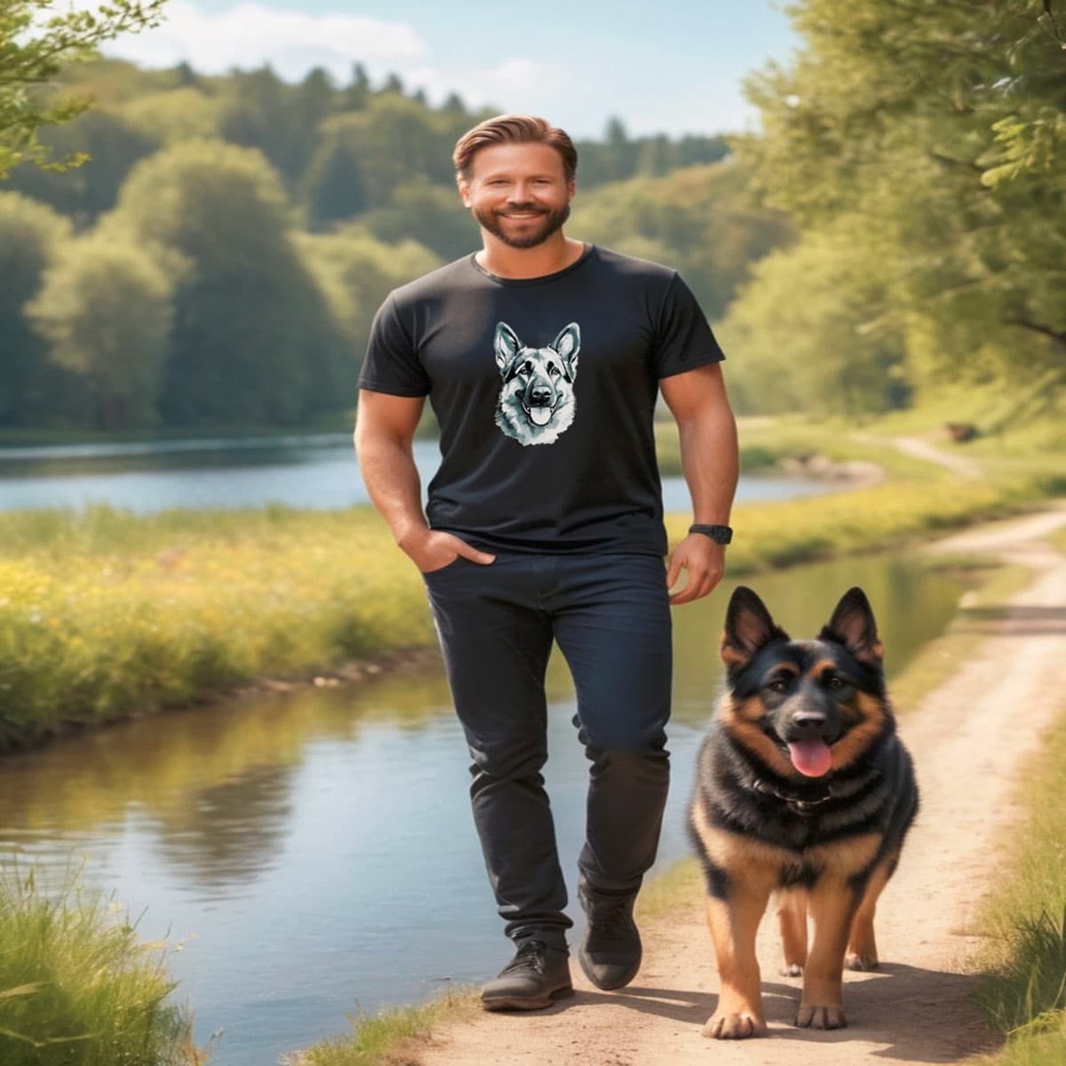Man wearing black short sleeved t-shirt with German Shepherd puppy hand drawn illustration in black, grey, and white; walks along a serene lake with his German Shepherd. Relaxed, joyful pet lover lifestyle moment.