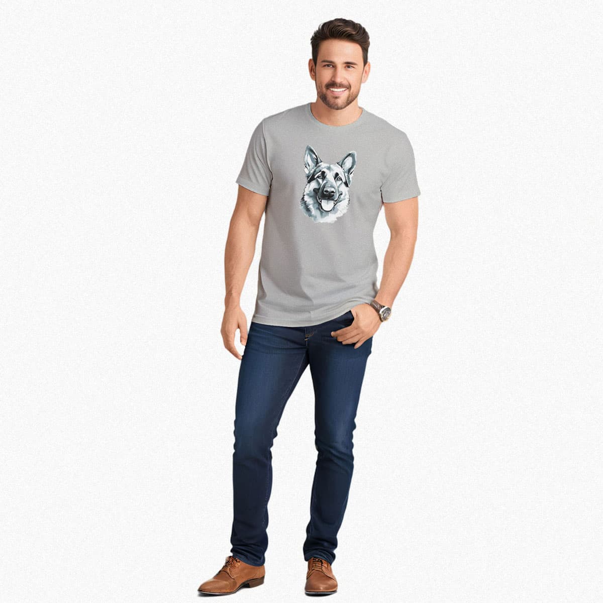 Graphic gray t-shirt with German Shepherd puppy hand drawn illustration in black, grey, and white; hand-drawn face with tongue out. Male model shown in close-up to highlight print and fit.
