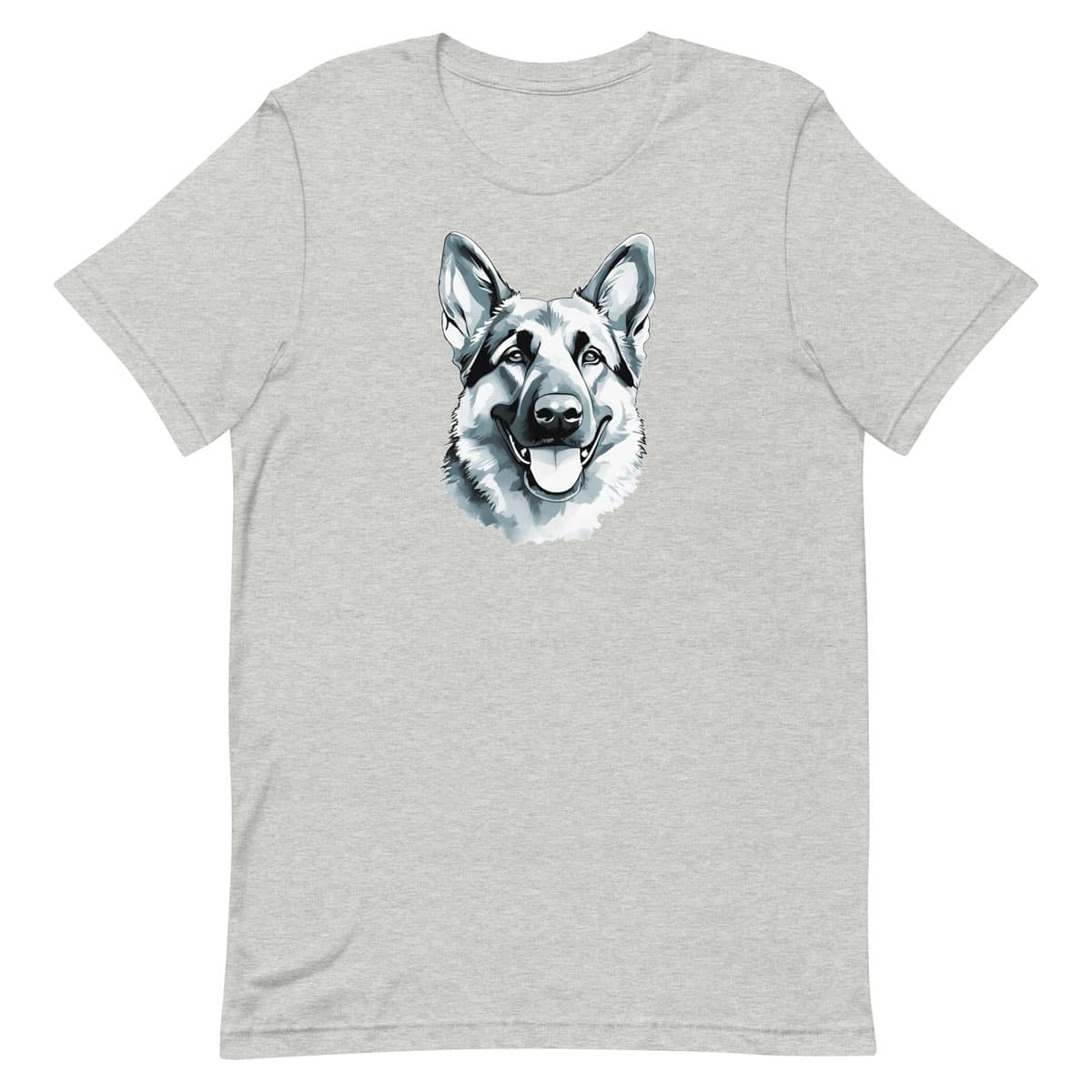 Graphic gray t-shirt with German Shepherd puppy hand drawn illustration in black, grey, and white; hand-drawn face with tongue out