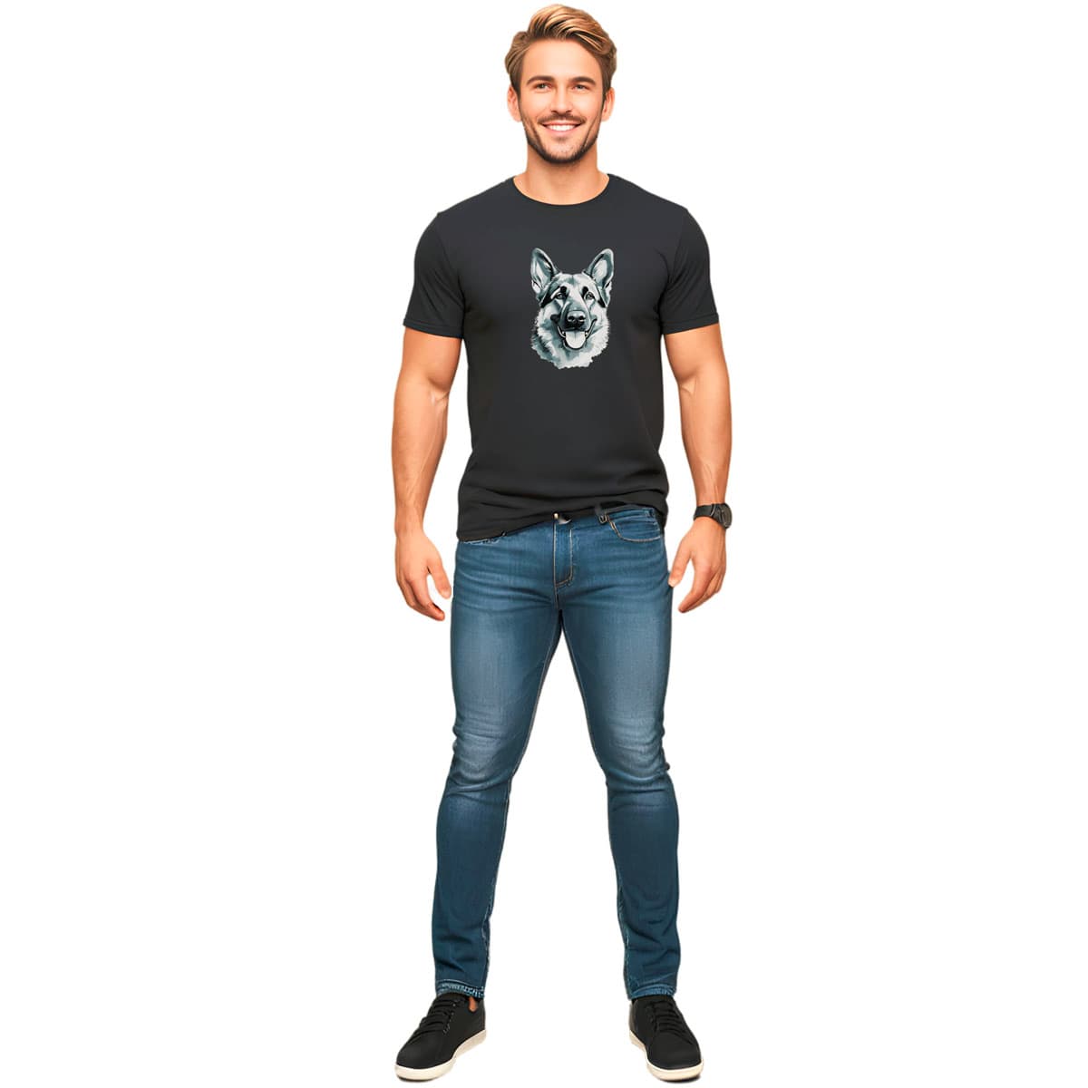 Graphic black t-shirt with German Shepherd puppy hand drawn illustration in black, grey, and white; hand-drawn face with tongue out. Standing Male model shown in close-up to highlight print and fit.