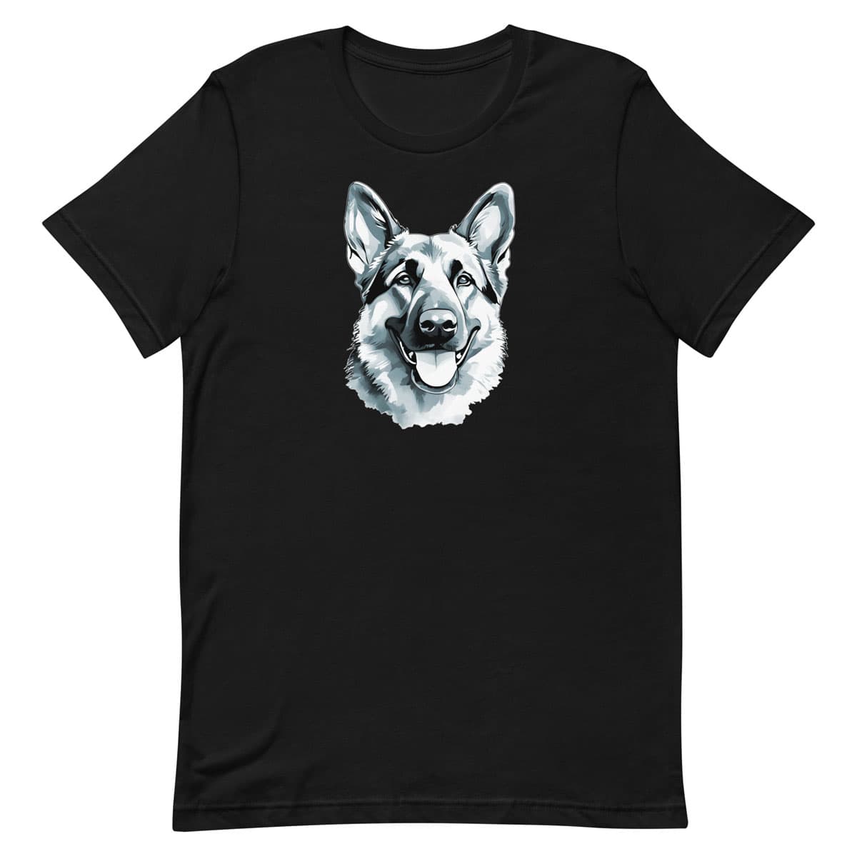 Graphic black t-shirt with German Shepherd puppy hand drawn illustration in black, grey, and white; hand-drawn face with tongue out.