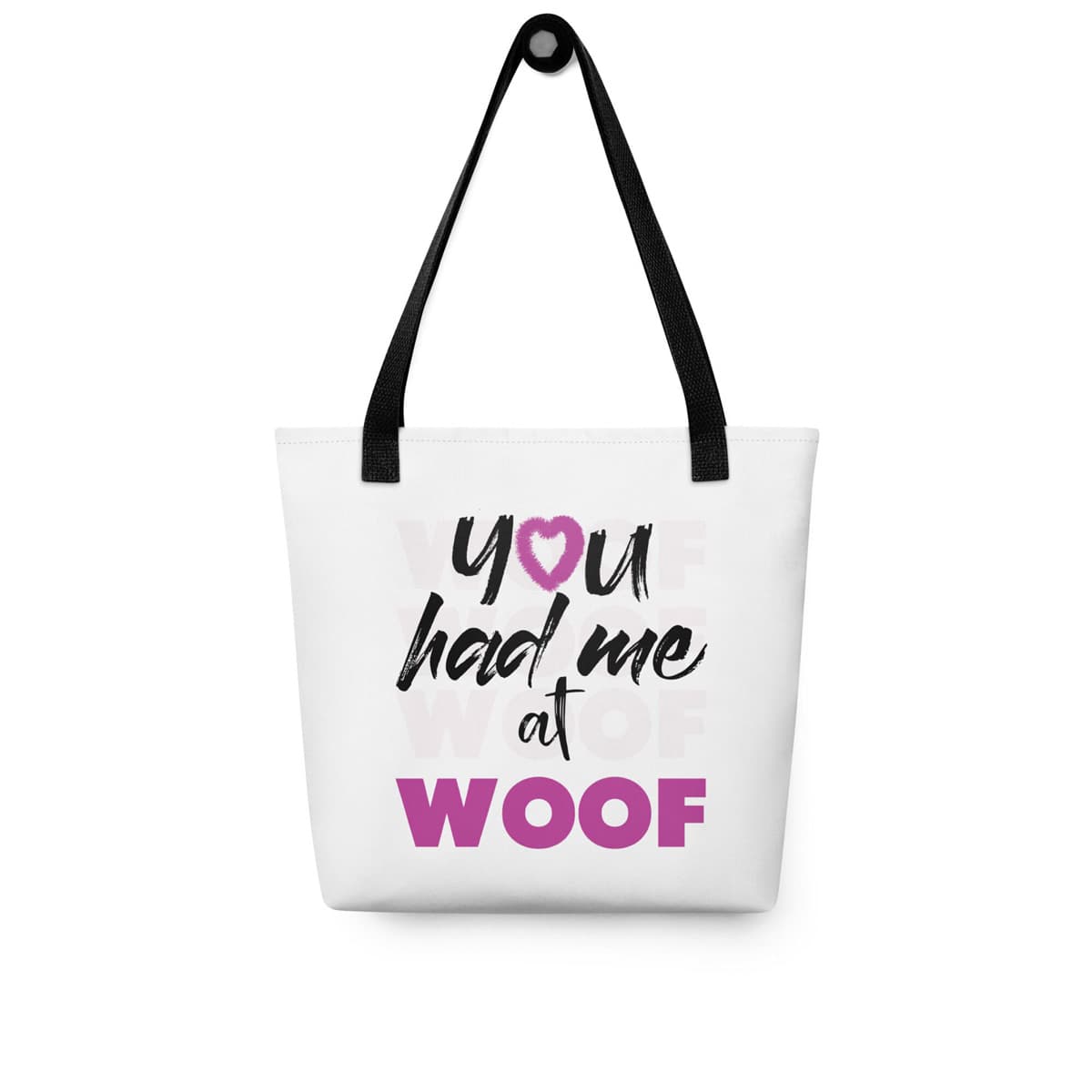 Uni-sizes 15"x15" white tote canvas bag, with black stripped handle, feature a classic quote you had me at woof, the letter o, is a pink colored fluffy heart same with the text ”woof” which is underlay and repeated several times. Printed front and back.