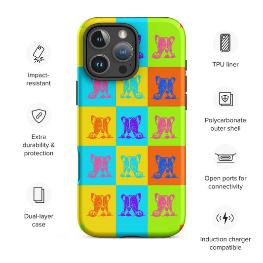 Colorful phone case with dog pattern and feature icons on a white background
