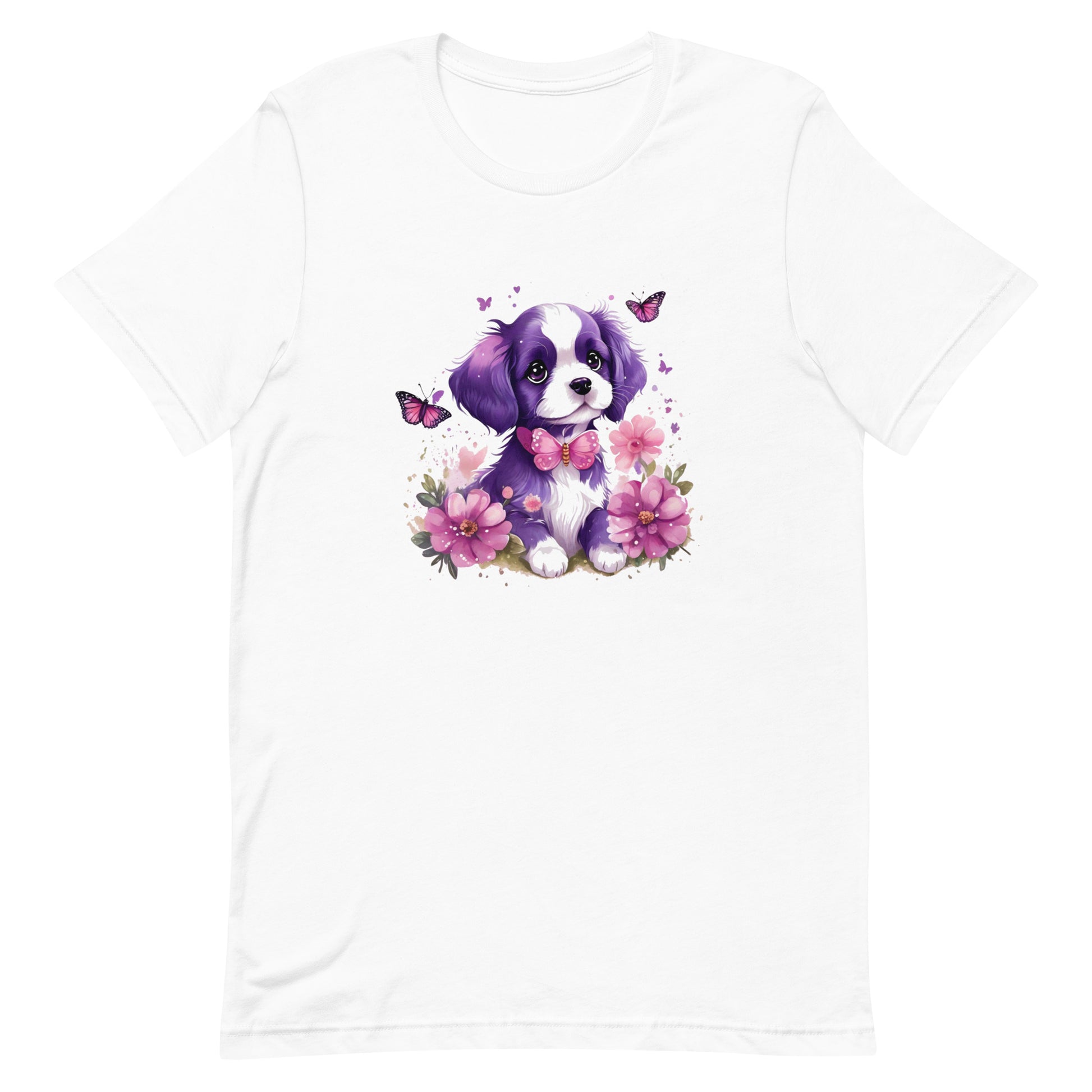 A detailed illustration a print of Lively cute puppy and dog paws,white background, fantasy heart splash, rounded circle, vintage short sleeve crew neck t-shirt design, dark read and Dark Purples and pink colors,on a white background, in the style of Studio Ghibli, cute and quirky, fantasy art, watercolor effect, hand-drawn, digital painting