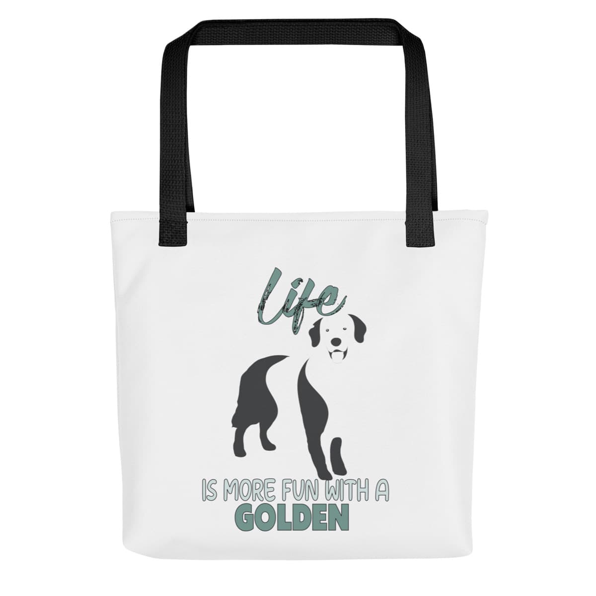 Uni-size 15"x15" white tote polyester canvas bag, with black stripped handle, feature a black one-line Golden Retriever print with life quote ”life is more fun with a Golden”. Printed front and back.