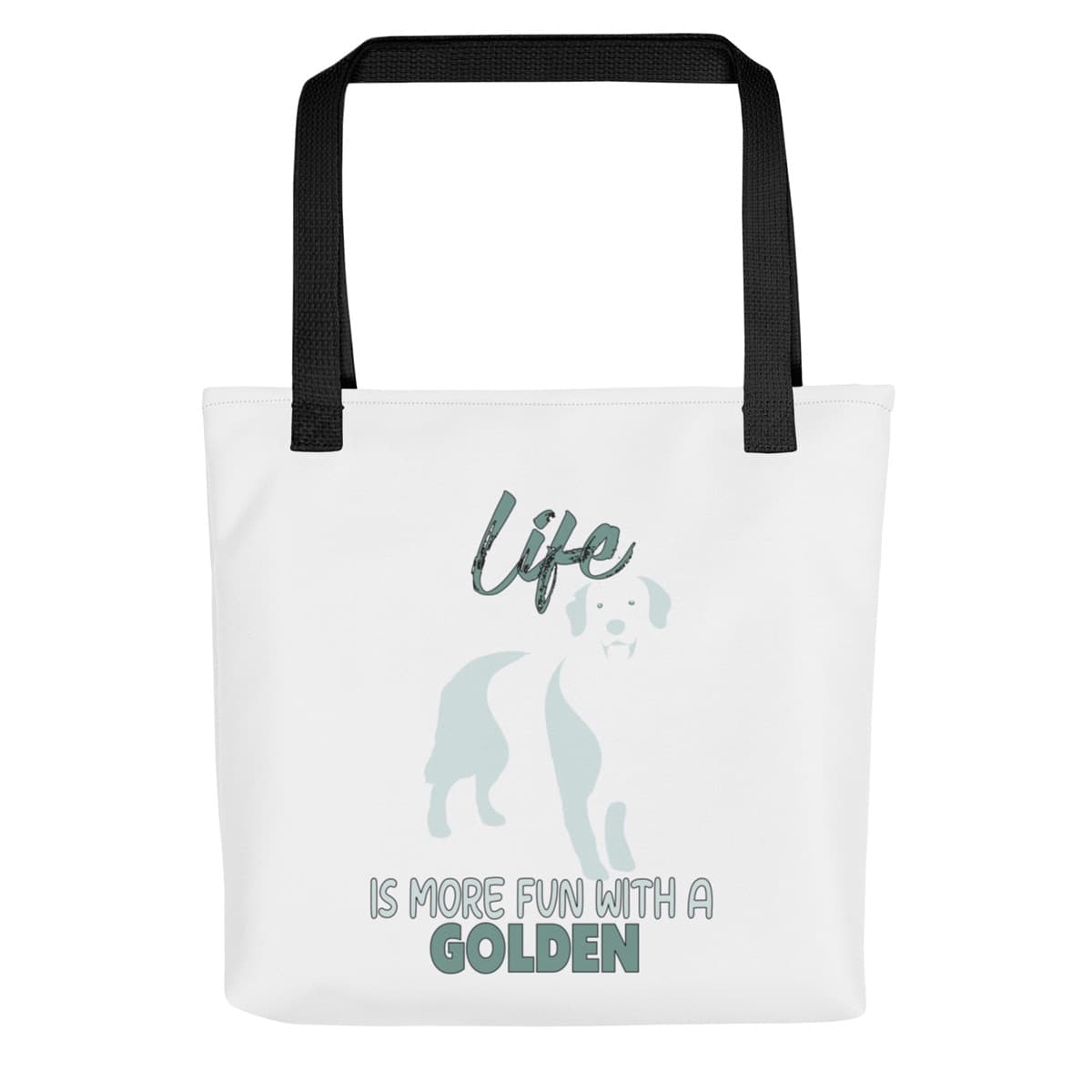 Uni-size 15"x15" white tote polyester canvas bag, with black stripped handle, feature a black one-line Golden Retriever print with life quote ”life is more fun with a Golden”. Printed front and back.
