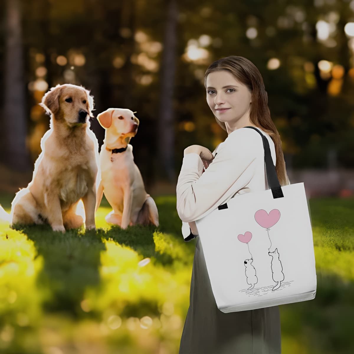 Young woman standing in a a park with two dogs. She is carry on her shoulder a white tote polyester canvas bag, with black stripped handle, featuring a charming graphic of two adorable dogs sitting together and holding onto pink balloons.