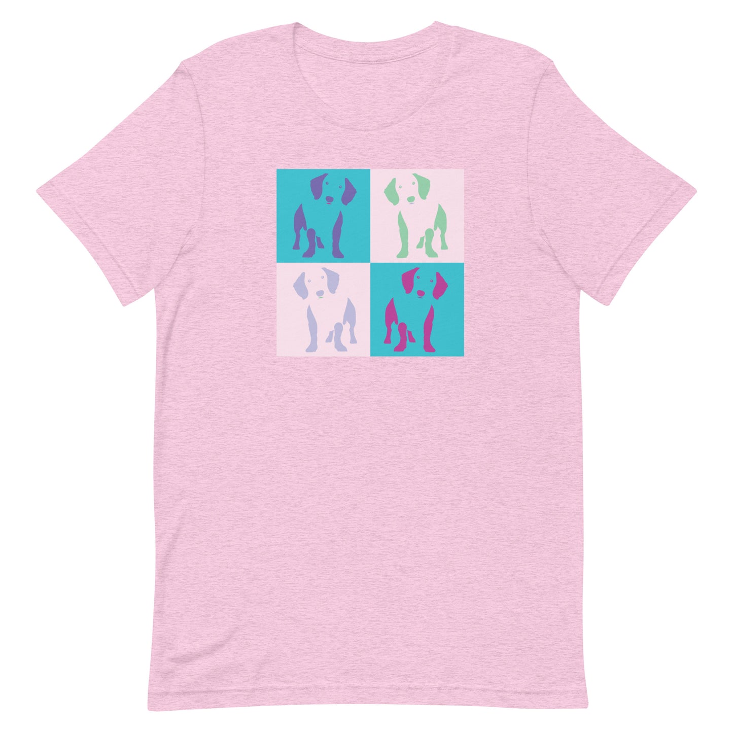 Pink cotton crew neck unisex short sleeve tshirt, on the apparel 4 colorful squares each with a one-line graphic print silhouette of a cute Dachshund standing with its tongue out. The design is influenced by Pop Art culture and by Andy Warhol vibrate color palette "