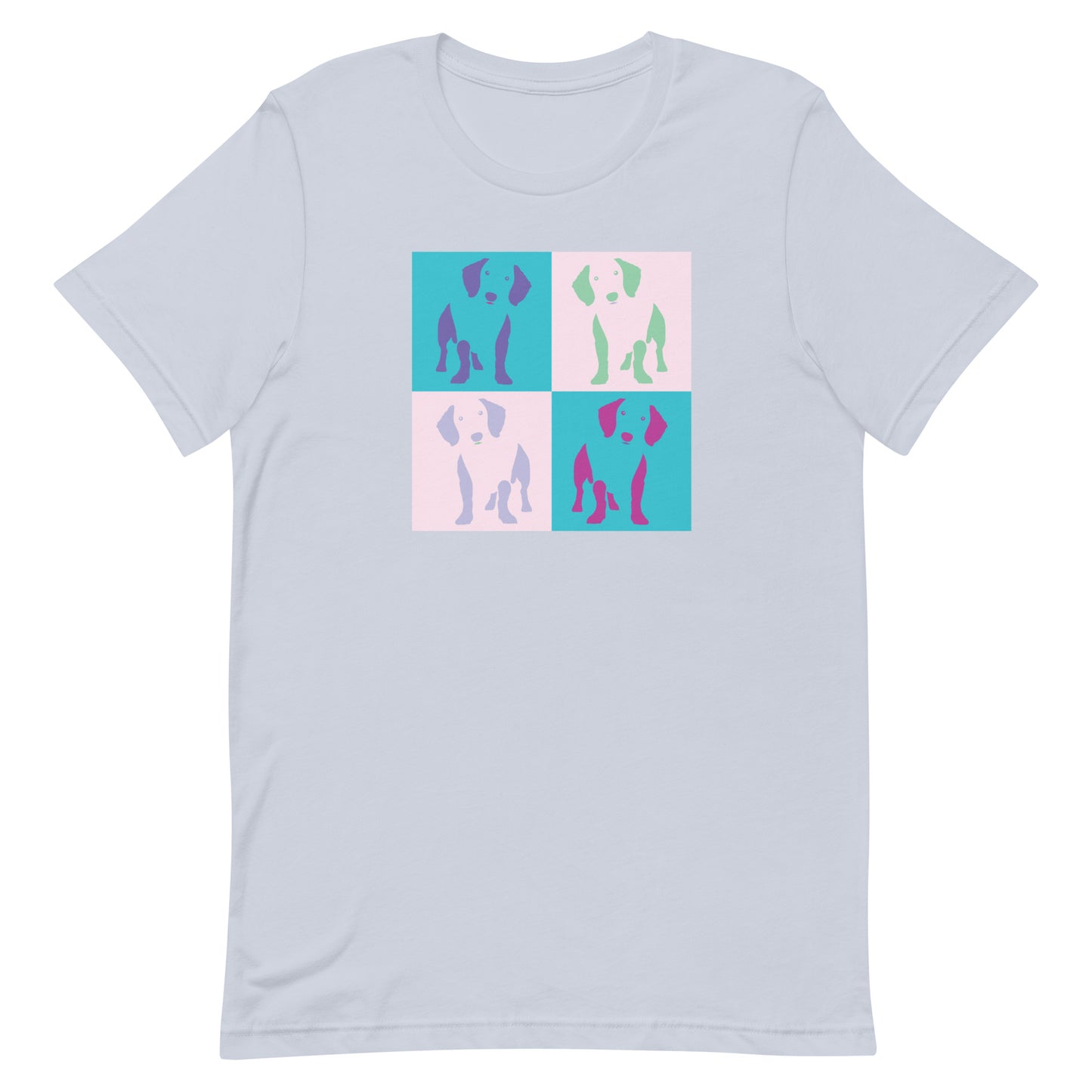 Bluish cotton crew neck unisex short sleeve tshirt, on the apparel 4 colorful squares each with a one-line graphic print silhouette of a cute Dachshund standing with its tongue out. The design is influenced by Pop Art culture and by Andy Warhol vibrate color palette "