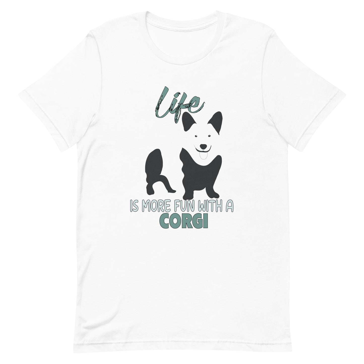 White crew neck short sleeved t-shirt, features a classic quote "life is more fun wit a Corgi, feature a cute standing corgi in black/white bold one-line graphic