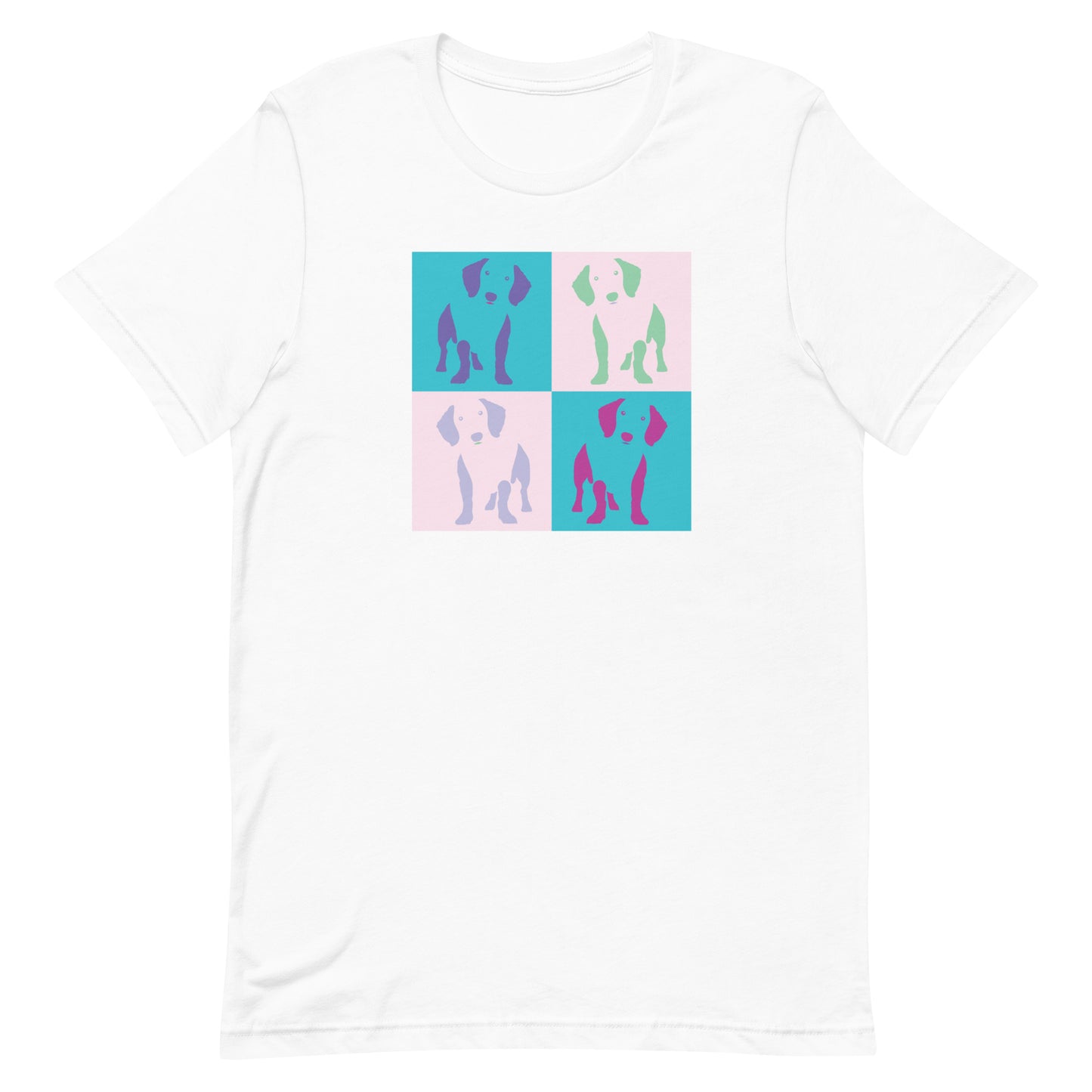 White cotton crew neck unisex short sleeve tshirt, on the apparel 4 colorful squares each with a one-line graphic print silhouette of a cute Dachshund standing with its tongue out. The design is influenced by Pop Art culture and by Andy Warhol vibrate color palette "