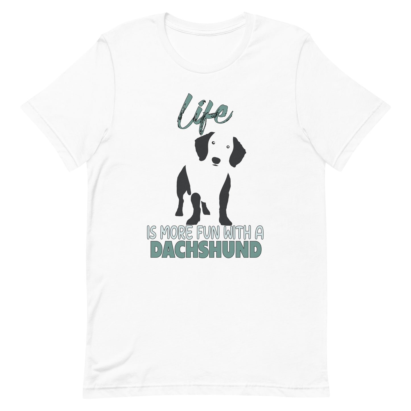 White crew neck short sleeved t-shirt, feature a standing cute Dachshund in black/white silhouette with a inspiring quote "Life is more fun with a Dachshund". Ideal unisex shirt for dog lovers, Dachshund owners, and pet enthusiasts."