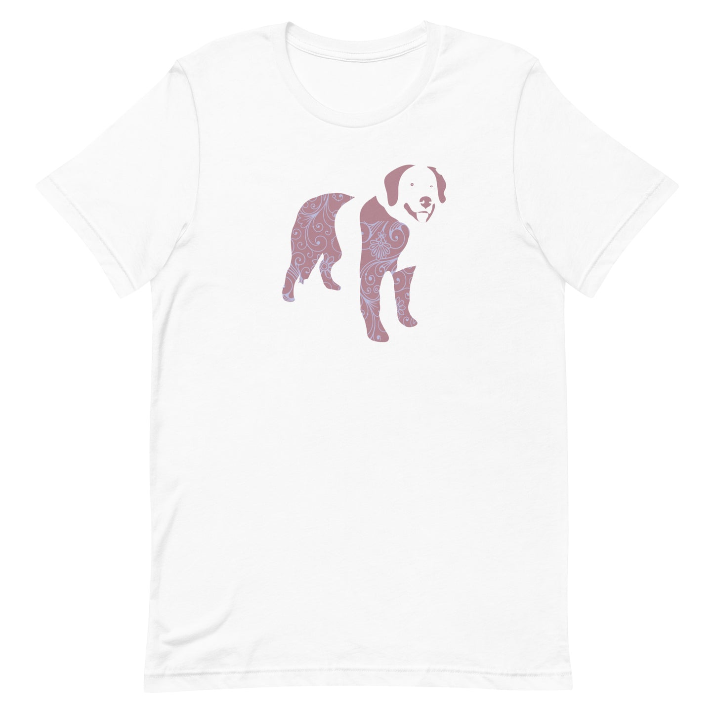 White cotton crew neck unisex short sleeve tshirt, on the apparel is a graphic print silhouette of a cute adorable Bernese standing with , the silhouette is with flowers and patterns in colors pastel and purple, reminds a bit of flower power
