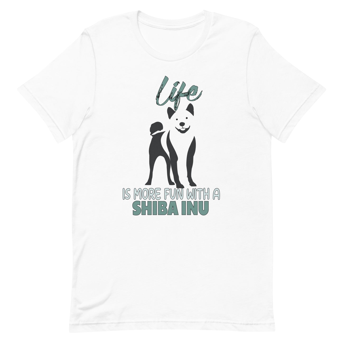 White cotton crew neck unisex short sleeve tshirt, featuring a black one-line graphic silhouette of a cute Shiba-Inu standing, with the message"life is more fun with a Shiba Inu.