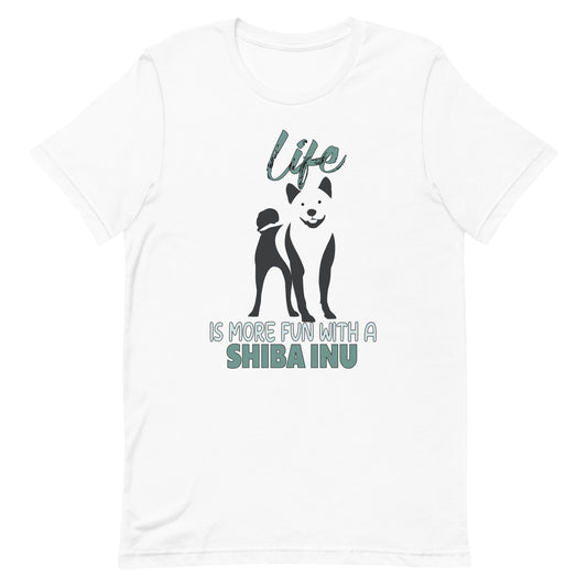White cotton crew neck unisex short sleeve tshirt, featuring a black one-line graphic silhouette of a cute Shiba-Inu standing, with the message"life is more fun with a Shiba Inu.
