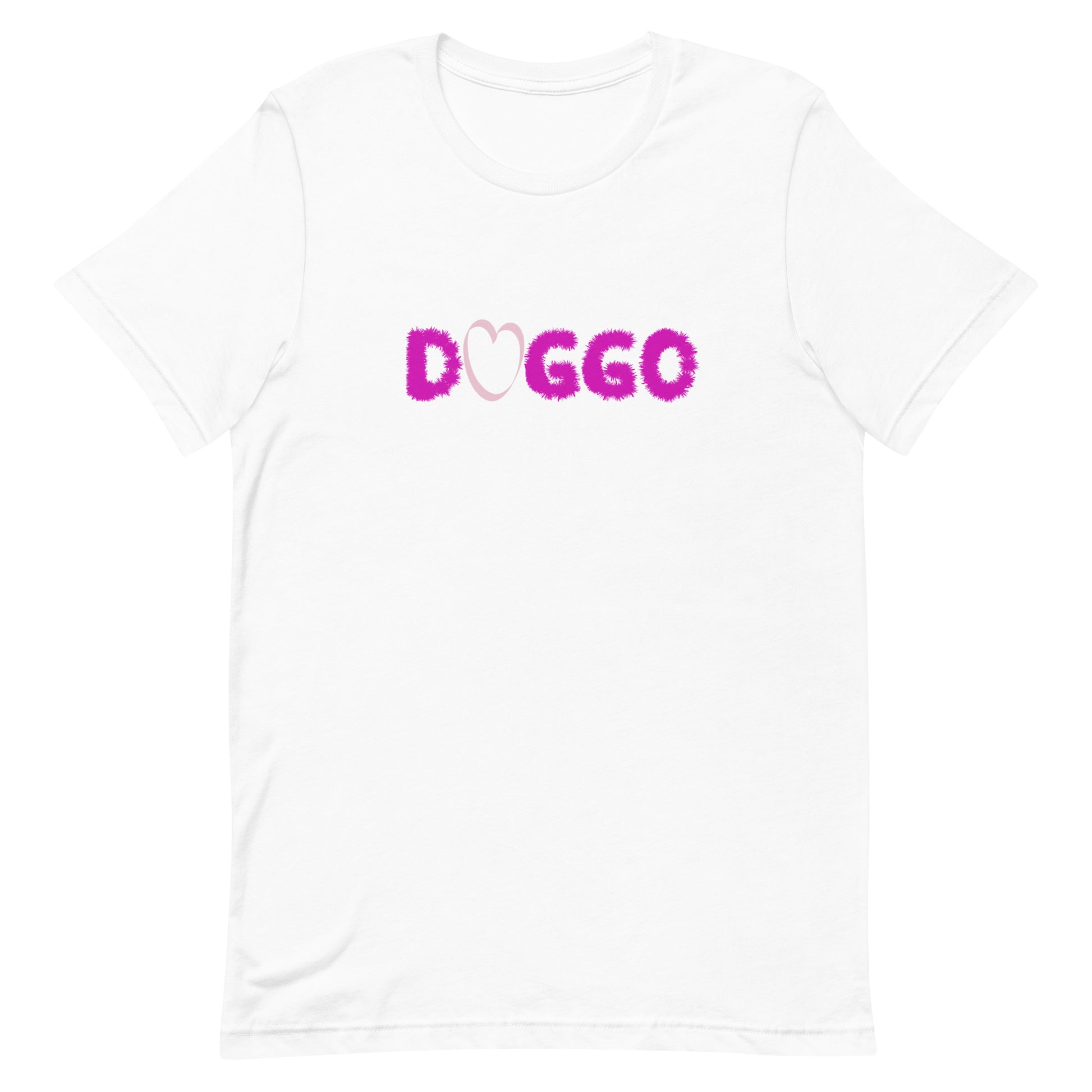 White cotton crew neck unisex short sleeve tshirt, on the apparel is a purple graphic text saying "doggo" written with fluffy outline, in the word "o" in doggo is a graphic pink shaped heart.