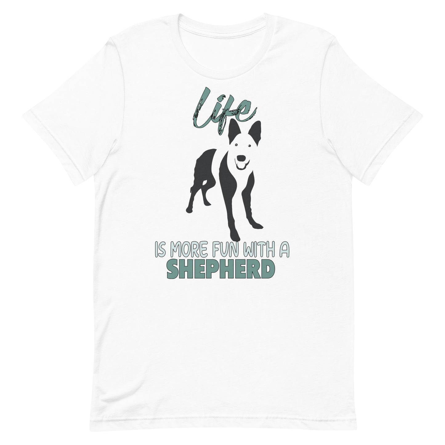 White cotton crew neck unisex short sleeve tshirt, on the apparel is a black one-line graphic print silhouette of a cute German Shepherd standing with its tongue out. Above the dog is the text " LIFE" in cap and underneath the dog is the text " is more fun with a Sheperd" in cap"