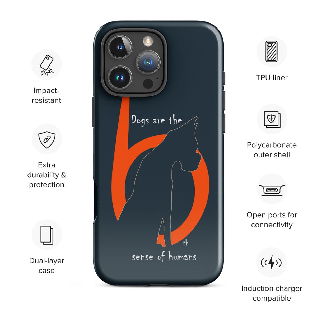 Phone case with dog design and feature icons on a white background