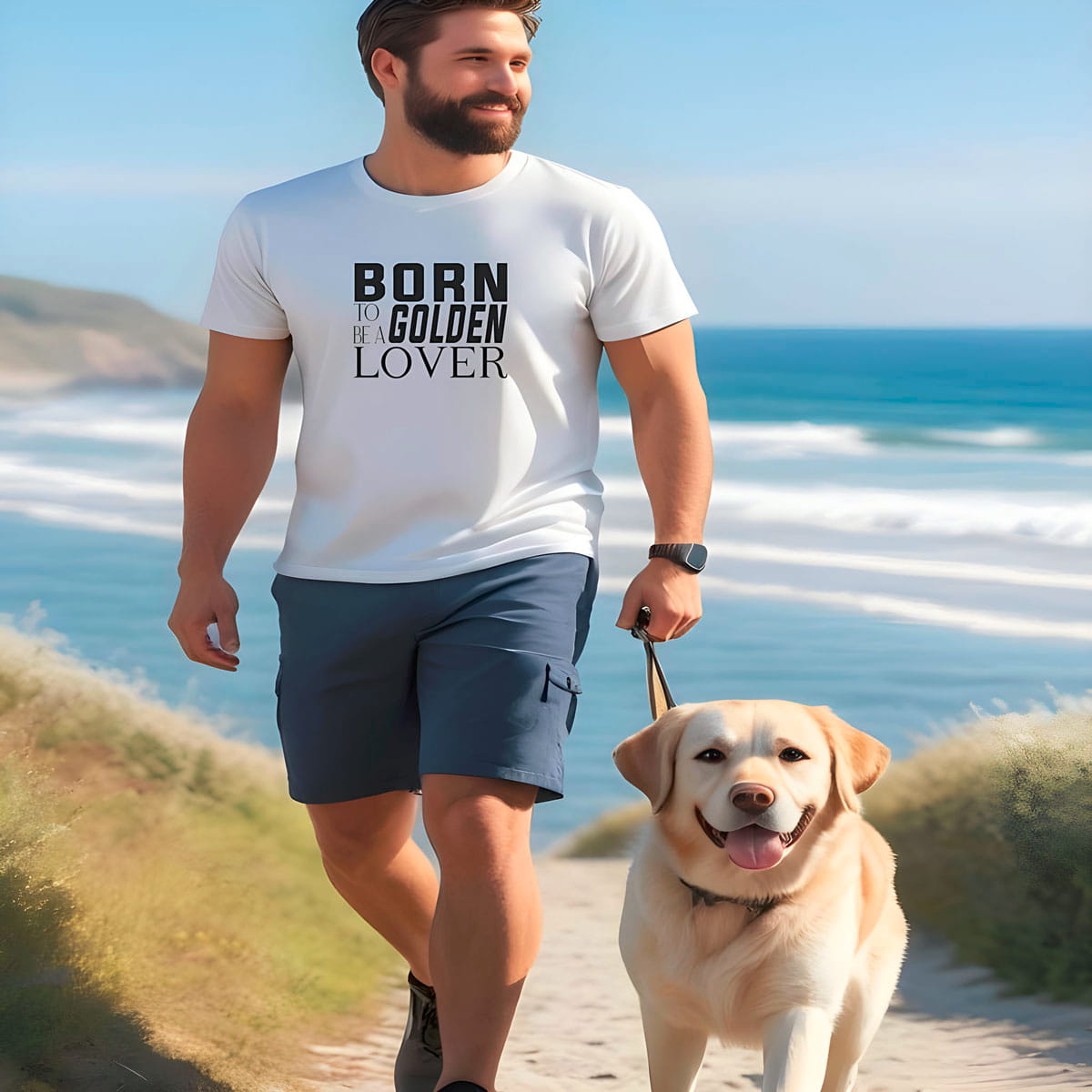 Smiling man wearing a white short sleeve t-shirt, feature a Born to be a golden lover black graphic text. Beside him a cute happy Golden Retriever, they are walking together at the beach on a sunny day. The blue ocean is a beautiful backdrop, and the feeling summer and bright light.