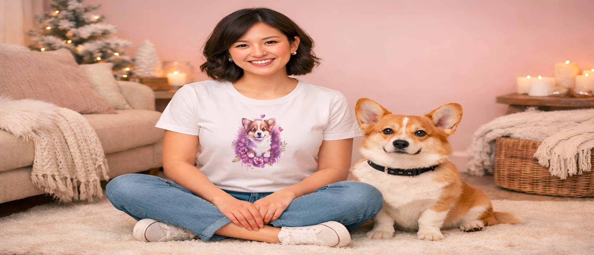 Woman sitting with a Corgi close to her. She is wearing a white short sleeve crew neck T-shirt.  Featuring a cute hand-drawn cogi puppy face, nestle in flower bed. Soft cotton, cozy fit, stylish apparel for dog moms, pet lovers, and everyday casual wear. Cozy interior  settings with decorations, lights and winter feel.