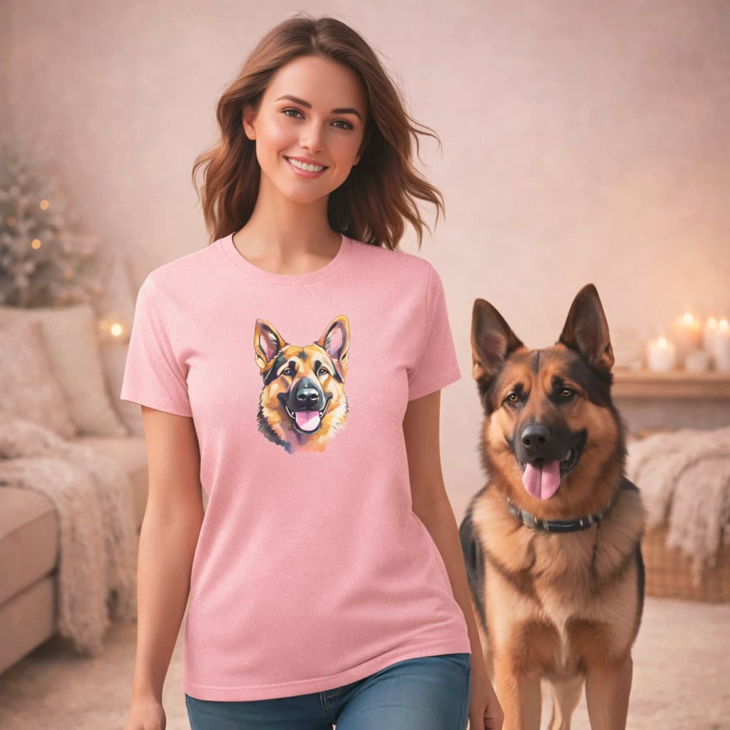 Young woman wearing a pink German Shepherd graphic short sleeve t-shirt standing indoors beside her German Shepherd dog in a cozy winter interior with soft lighting and neutral decor