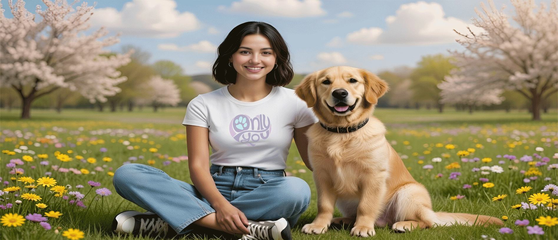 Woman sitting with a Golden Retriever close to her. She is wearing a white short sleeve crew neck T-shirt.  Featuring a graphic pink and purple heart shaped motif. saying "only You" the tee is Soft cotton, cozy fit, stylish apparel for dog moms, pet lovers, and everyday casual wear. Spring setting outside in a floral and tree landscape, blue skies and the feeling of spring.