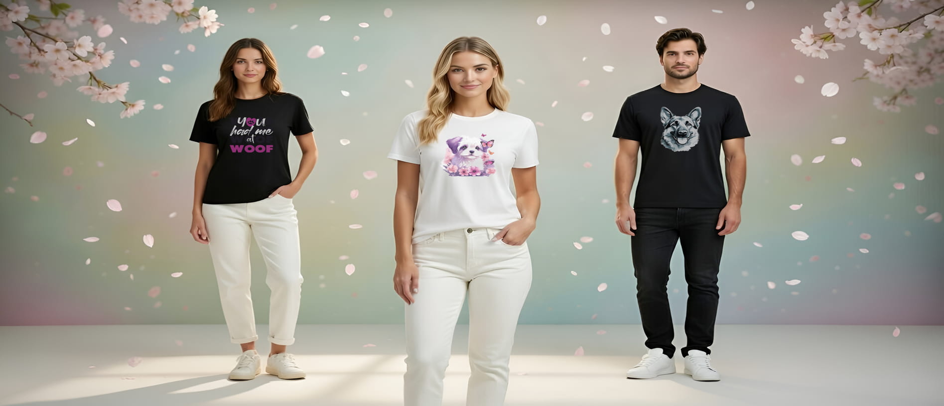 Three people wearing white and black short sleeve crew neck t-shirts with hand drawn dog themed designs on a light purple, black & white apparels, interior settings, with leaves and flowers, soft warm spring feel.