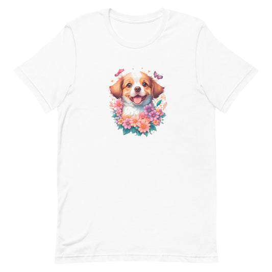 A detailed illustration, a print of Lively cute puppy dog with flowers around its neck on a white crew neck short sleeve t-shirt, a detailed drawing, furry art, made of flowers, digital illustration, detailed painting design, pastel palette color, in the style of Studio Ghibli, cute and quirky.