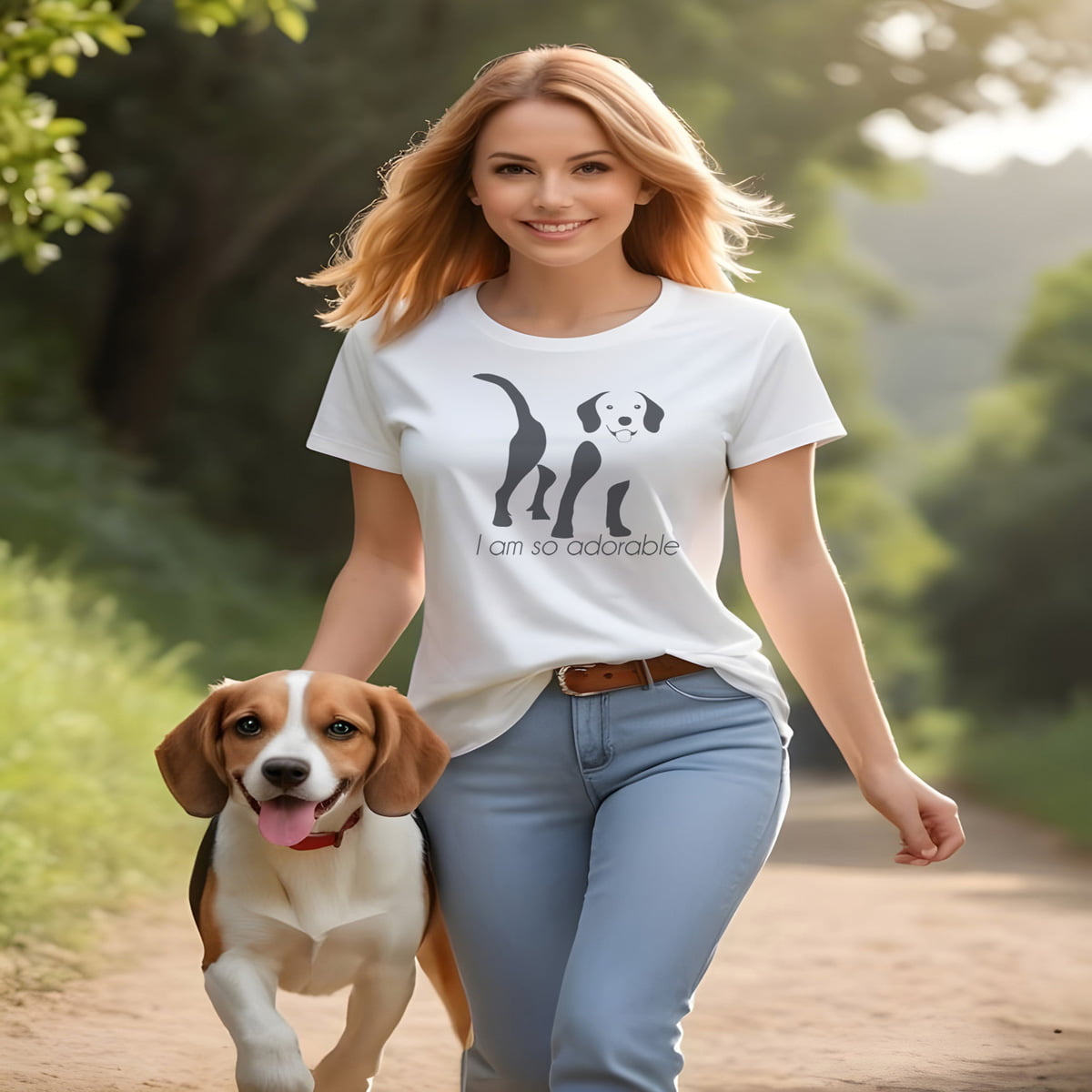 Women walking on the country gravel track, with a beagle. She is wearing a White crew neck short sleeved t-shirt, featuring an adorable Beagle hand drawn silhouette graphic print with the text "I am so adorable." underneath the dog.