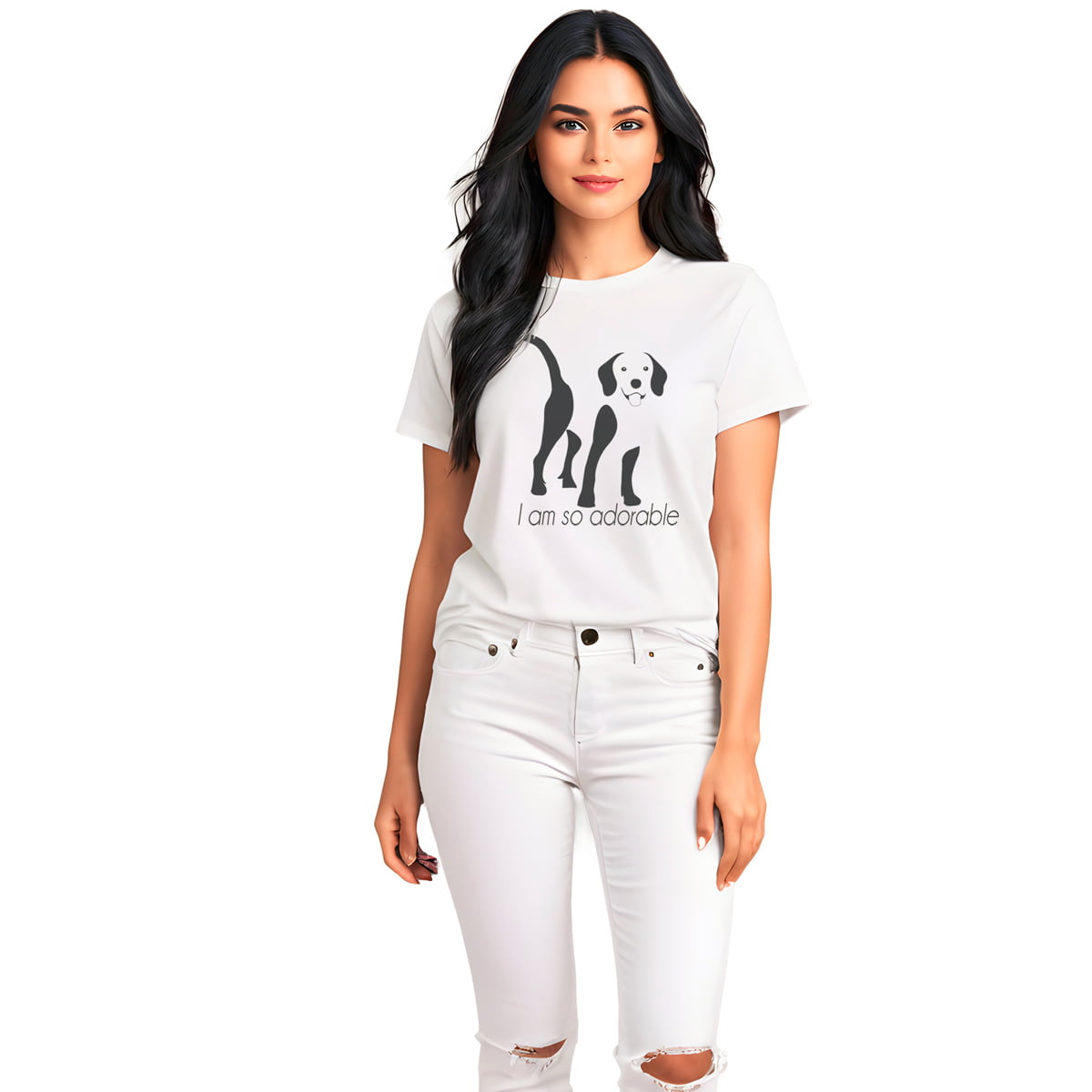 White crew neck short sleeved t-shirt, featuring an adorable Beagle hand drawn silhouette graphic print with the text "I am so adorable." underneath the dog. Female model shown in close-up to highlight print and fit.